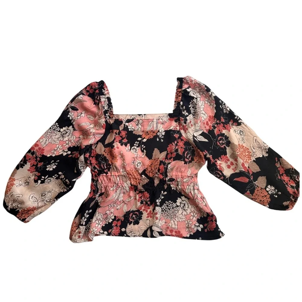 Spartina 449 Floral Cupro Peplum Blouse Wmns Large Black Pink Excellent Long Slv